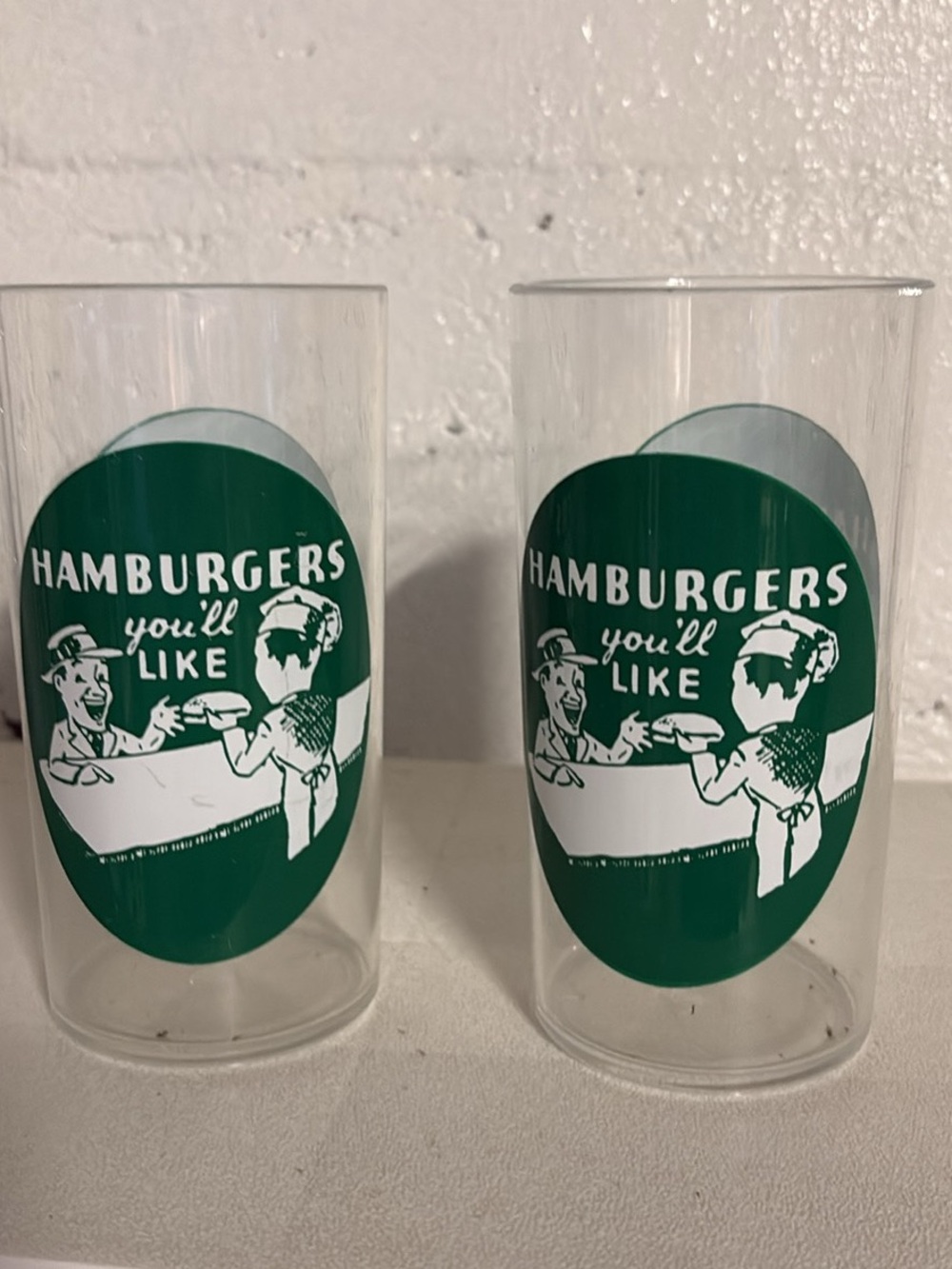 Pair of Vintage-Style Green 'Hamburgers You'll Like' plastic tumblers